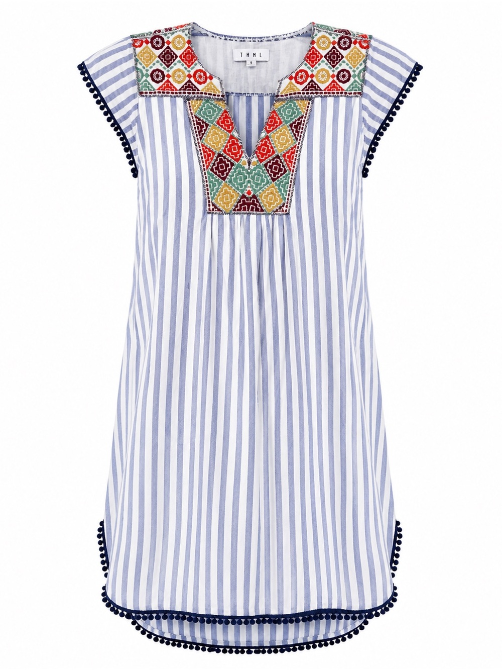 THML Embroidered Striped Boho Tunic Dress Blue White Cotton Shift M